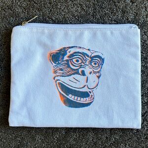Hand-Silkscreened Canvas Monkey Print Pouch in Blue and Fluorescent Orange